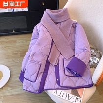 紫色轻薄菱形格棉衣女大码冬装2023新款今年流行短款羽绒棉服外套