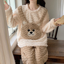 小熊睡衣女秋冬季加绒加厚大码珊瑚绒套头法兰绒睡衣家居服高级感