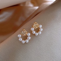 复古珍珠玫瑰花耳钉女设计感气质圆圈耳环爆款网红小巧耳饰新款潮