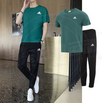 阿迪达斯男子绿色休闲运动T恤短袖长裤两件套夏季时尚简约套装男