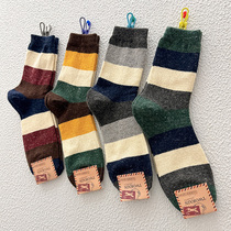 韩国男士袜子秋冬款东大门新款条纹拼色羊毛袜加厚保暖雪地中筒袜