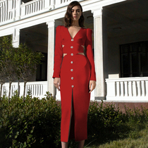红色长袖镂空连衣裙V领显瘦泡泡袖纽扣设计欧美外贸女装亚马逊