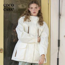 cococasa2024设计感春新小个子工装白色风衣女中短款绿色欧货外套