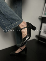 Fermina 法式方头玛丽珍单鞋女粗跟2024春季新款复古黑色小皮鞋女