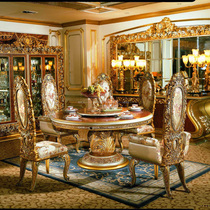 高端定制别墅欧式实木雕花轻奢带转盘圆形餐桌法式奢华贵族餐桌椅