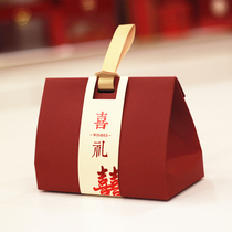 酒红色中式高档桌糖喜礼三角手提盒双喜皮质结婚喜糖盒小红书推荐