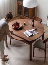 北欧黑胡桃木伸缩餐桌家用小户型折叠饭桌多功能可方可圆两用桌子