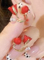 新年喜庆红色玫瑰花后挂两戴式耳环2022年新款气质小众设计感耳饰