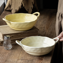 手捏不规则双耳碗哑光陶瓷碗日式汤面碗家用盘子餐具创意沙拉碗