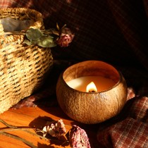 冬日火炉客厅暖阳篝火椰子壳大豆香薰蜡烛檀香椰奶家用木芯白噪音