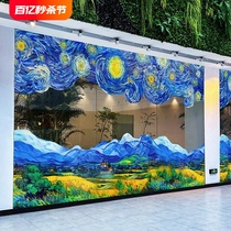 梵高艺术油画底纹玻璃贴纸星空向日葵抽象花纹幼儿园展厅静电贴膜