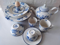 出口尾货罗兰爱思中西式陶瓷套装水蓝玫瑰系列餐具大小餐盘水杯碗