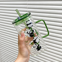国风熊猫大容量杯子女新款2023家用水杯饮料杯高硼硅吸管杯玻璃杯