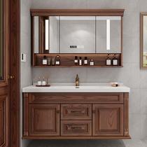 一体陶瓷盆美式浴室柜红橡木新中式组合卫生间洗漱台洗手洗脸盆