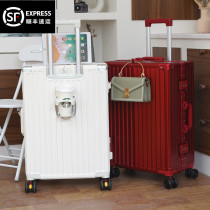 行李箱女静音万向轮20寸登机旅行箱新款充电杯架酒红色结婚拉杆箱
