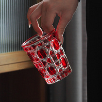 索厨复古轻奢菱格水晶玻璃杯彩色洋酒杯高级感水晶杯家用红色水杯