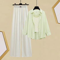 减龄时尚三件套装夏季韩版宽松长袖衬衫女条纹吊带垂感冰丝休闲裤