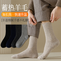 羊毛袜子男冬季中筒袜加绒加厚棉袜保暖长筒防臭吸汗长袜男士黑色
