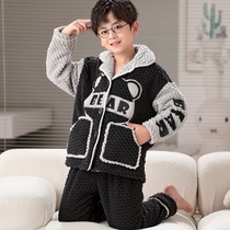 韩版灰熊加厚珊瑚绒男童睡衣卡通套装秋冬季青少年大童7岁家居服
