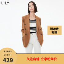 LILY2023秋新款女装含绵羊毛都市通勤宽松复古双排扣棕色西装外套