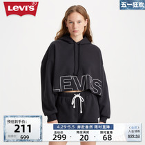 Levi's李维斯春季新款女士卫衣短款连帽抽绳抓绒休闲黑色上衣
