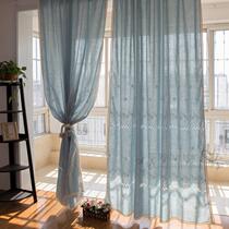 蓝色地中海美式田园成品窗帘 复古外贸刺绣客厅卧室阳台飘窗窗帘