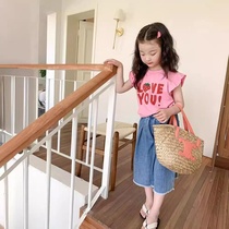 X388夏季女童韩版背心T恤儿童宝宝甜美花边小飞袖公主衫洋气上衣