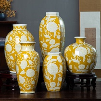 复古风六边黄色釉陶瓷花瓶家居摆件水培手工堆釉黄色手绘有凹凸感