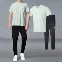阿迪达斯官网男子绿色休闲透气短袖长裤两件套夏季跑步健身套装男