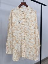 18480中式盘扣亚麻长袖外套国风宽松显瘦衬衣印花唐装中长款衬衫