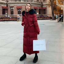 香港潮牌流行宽松中长版羽绒棉服女2023冬新款女装红色大毛领外套