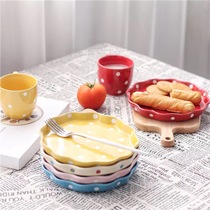 日式陶瓷创意波点早餐盘水果甜品盘意面盘西餐盘马克杯餐具套装