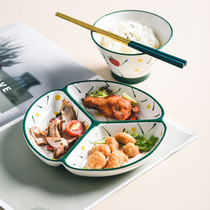 网红陶瓷日式分餐盘家用定量分隔餐具创意盘子儿童早餐三格分格盘
