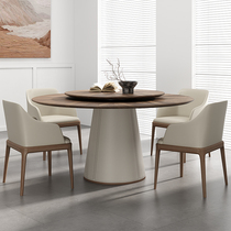 法式复古餐桌椅组合小户型胡桃色圆形餐桌家用带转盘中古实木圆桌