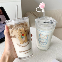 小熊吸管杯带盖玻璃杯ins家用夏女办公室牛奶咖啡杯饮料喝水杯子