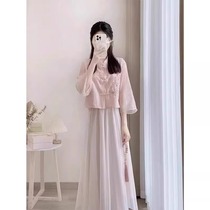 新中式粉色国风唐装刺绣套装裙2024夏季改良汉服女装成人版连衣裙
