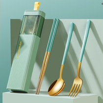 304不锈钢筷子勺子套装高颜值单一人装便携餐具三件套学生收纳盒