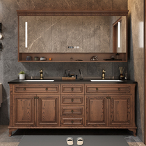 美式红橡木岩板浴室柜组合卫生间实木落地式智能洗手盆洗漱台双盆