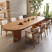 全实木创意餐桌椅组合北欧原木工作台家用吃饭桌餐书一体椭圆桌