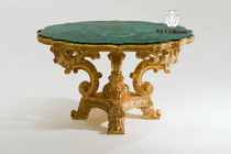 狮落皇庭奢华欧式纯手工雕刻实木圆餐桌天然孔雀石金箔做旧餐桌