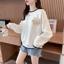 春秋季韩版长袖T恤女孕妇宽松遮肚藏肉卫衣白色打底衫上衣女160斤