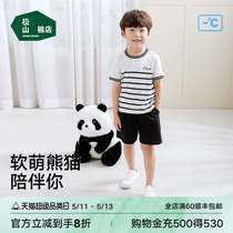 松山棉店儿童条纹短袖套装凉感A类棉莫透气黑白条可爱熊猫印花
