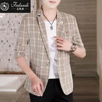 夏季西装男薄款中袖西服格子外套韩版修身单件上衣七分袖休0306c