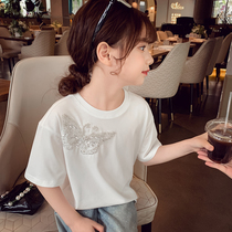 女童短袖T恤夏装2024新款洋气儿童网红上衣小女孩韩版白色打底衫