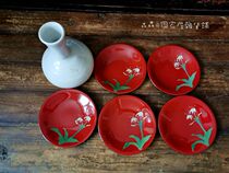 日本回流漆器琉球涂木胎堆漆花草手绘大漆茶托盘五客入中古茶道具