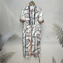 23夏季杭州重磅真丝素绉缎气质百搭印花桑蚕丝系带衬衫中长裙