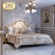 专柜意式法式实木床 欧式重工雕花 白色玫瑰花米黄色真丝双人床