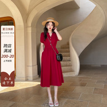 法式复古高级感红色连衣裙夏季新款V领收腰显瘦气质雪纺小红裙