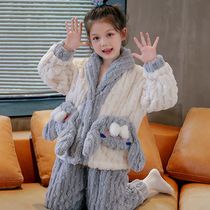 韩版小香风公主珊瑚绒女童睡衣冬季法兰绒女孩小童7岁家居服套装