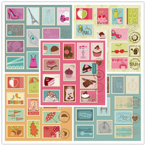 矢量设计素材 可爱卡通邮票图案模板蛋糕甜品巴黎手绘 EPS格式